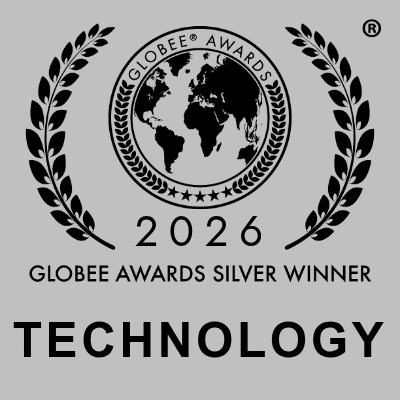 A black laurel wreath surrounds a globe emblem with Globee Awards 2026 Silver Winner Technology written below, symbolizing prestigious recognition and awards on a gray background.