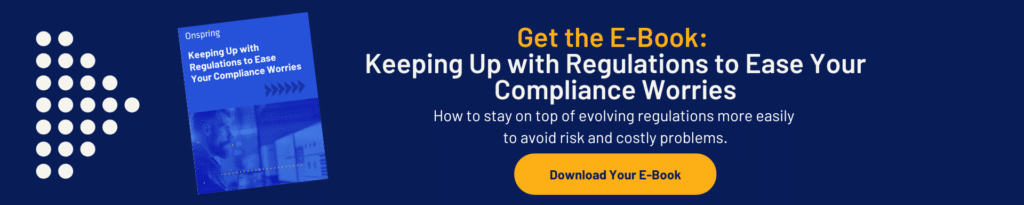 Banner with a blue book cover titled Keeping Up with Regulations to Ease Your Compliance Worries and a yellow button labeled Download Your E-Book. Text highlights managing regulations, achieving CMMC Compliance, and reducing compliance risks.