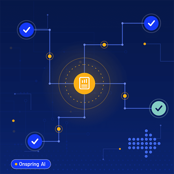 A central yellow icon with document lines is connected to four blue and green checkmarks on a dark blue background, illustrating an Agentic AI network. The label Onspring AI appears at the bottom left.